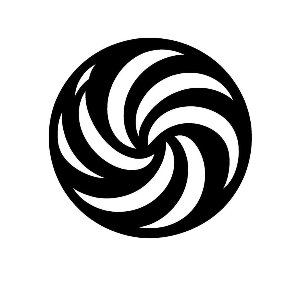 A swirling, symmetrical black and white design, a circular abstract pattern evoking movement and dynamism against a clean, minimalist background, resembling a stylized eye or vortex. vector
