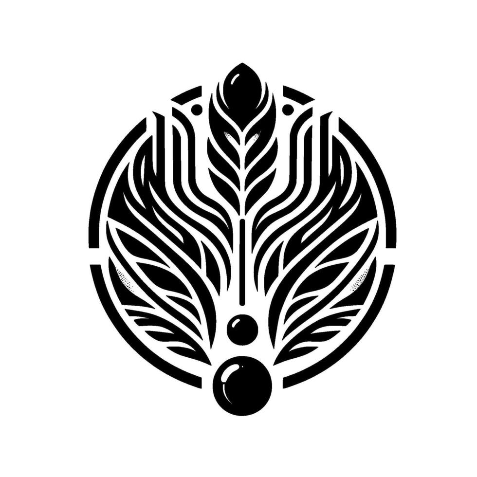 Intricate black and white minimalist circular with stylized leaves, organic curves, and geometric elements on a clean background. vector