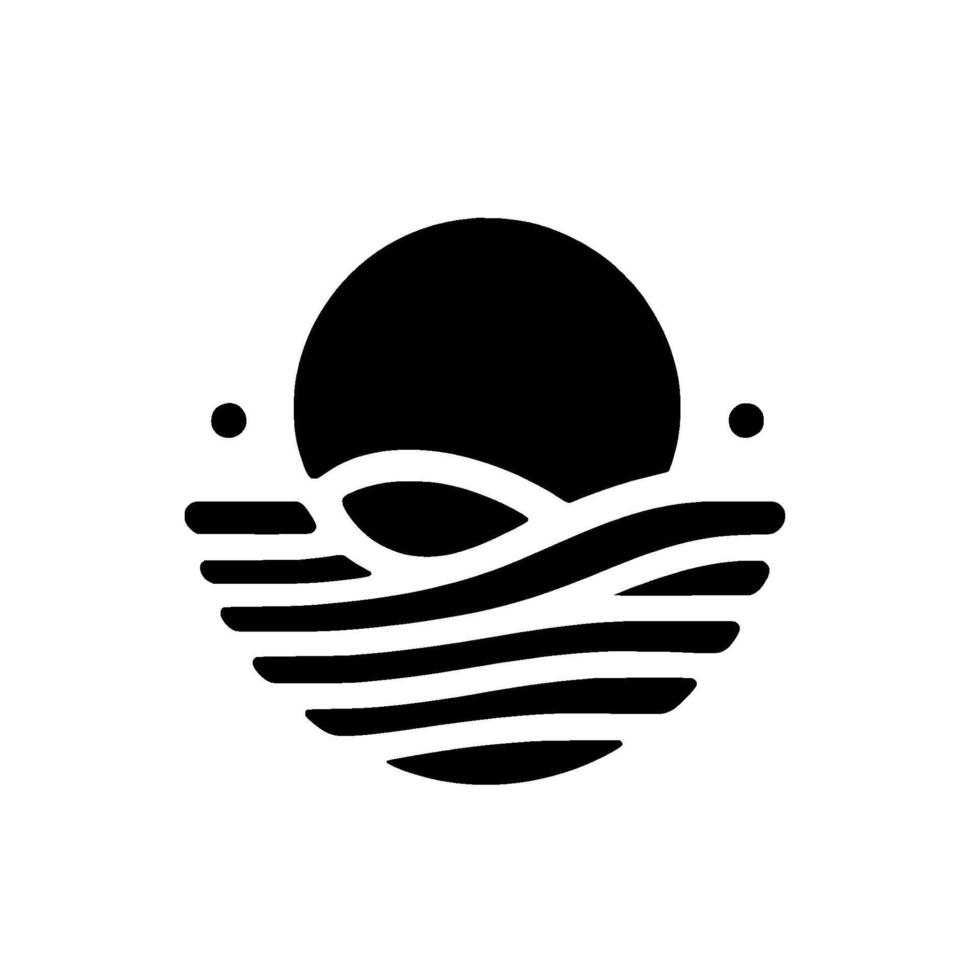 Minimalist black and white circular depicting a sunset over ocean waves with two small dots flanking the sun, evokes peace. vector
