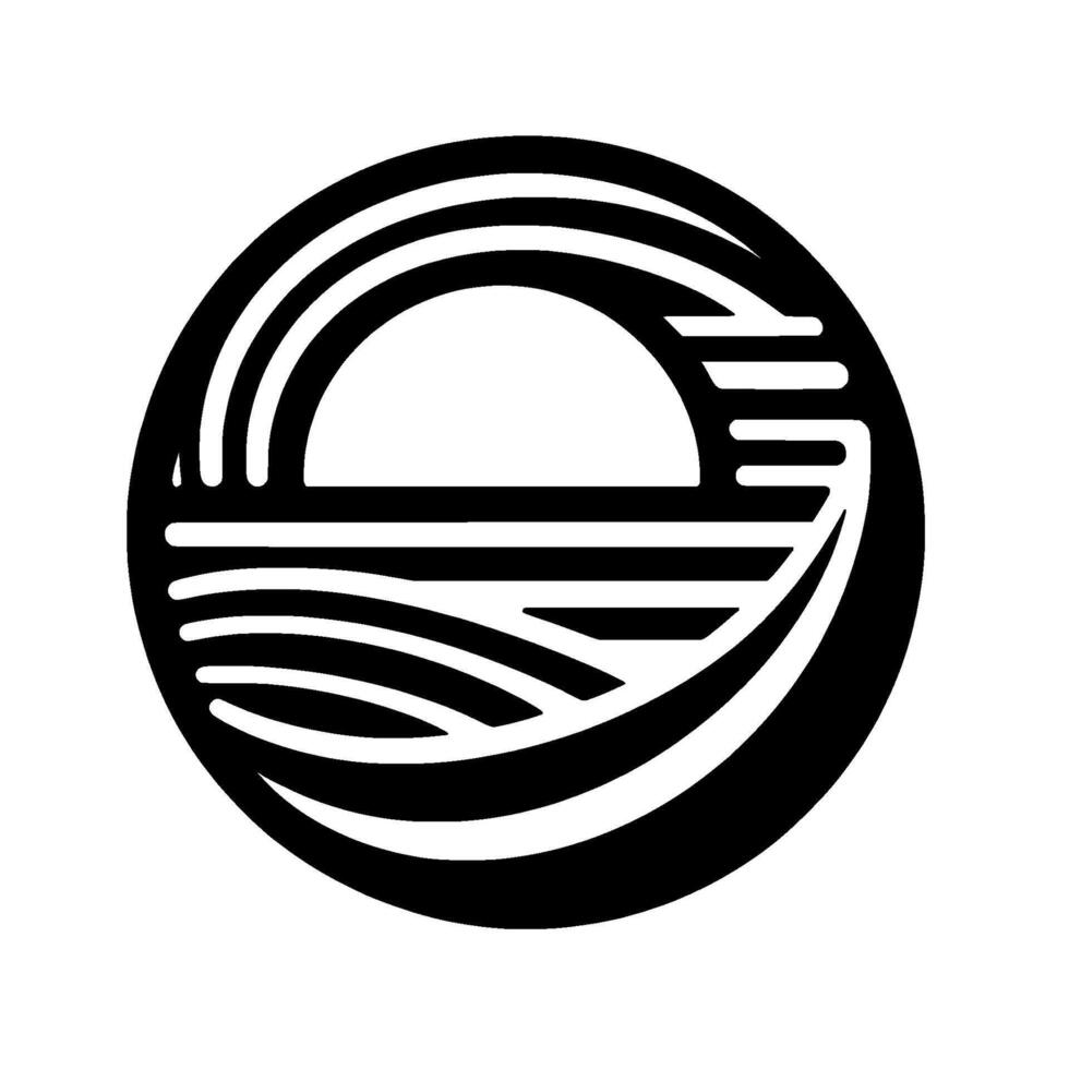 Abstract black and white minimalist of a stylized sunrise over water, composed of curved lines and geometric shapes inside a circular frame. vector