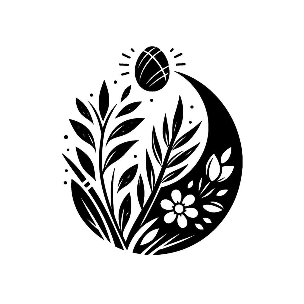 Black and white minimalist Easter egg with botanical elements inside an oval, representing new beginnings and the spring season. vector
