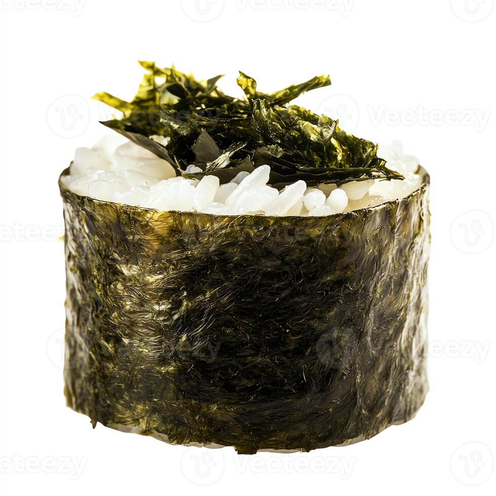 Close-up of Gunkan Maki Sushi with Seaweed and Rice on White photo