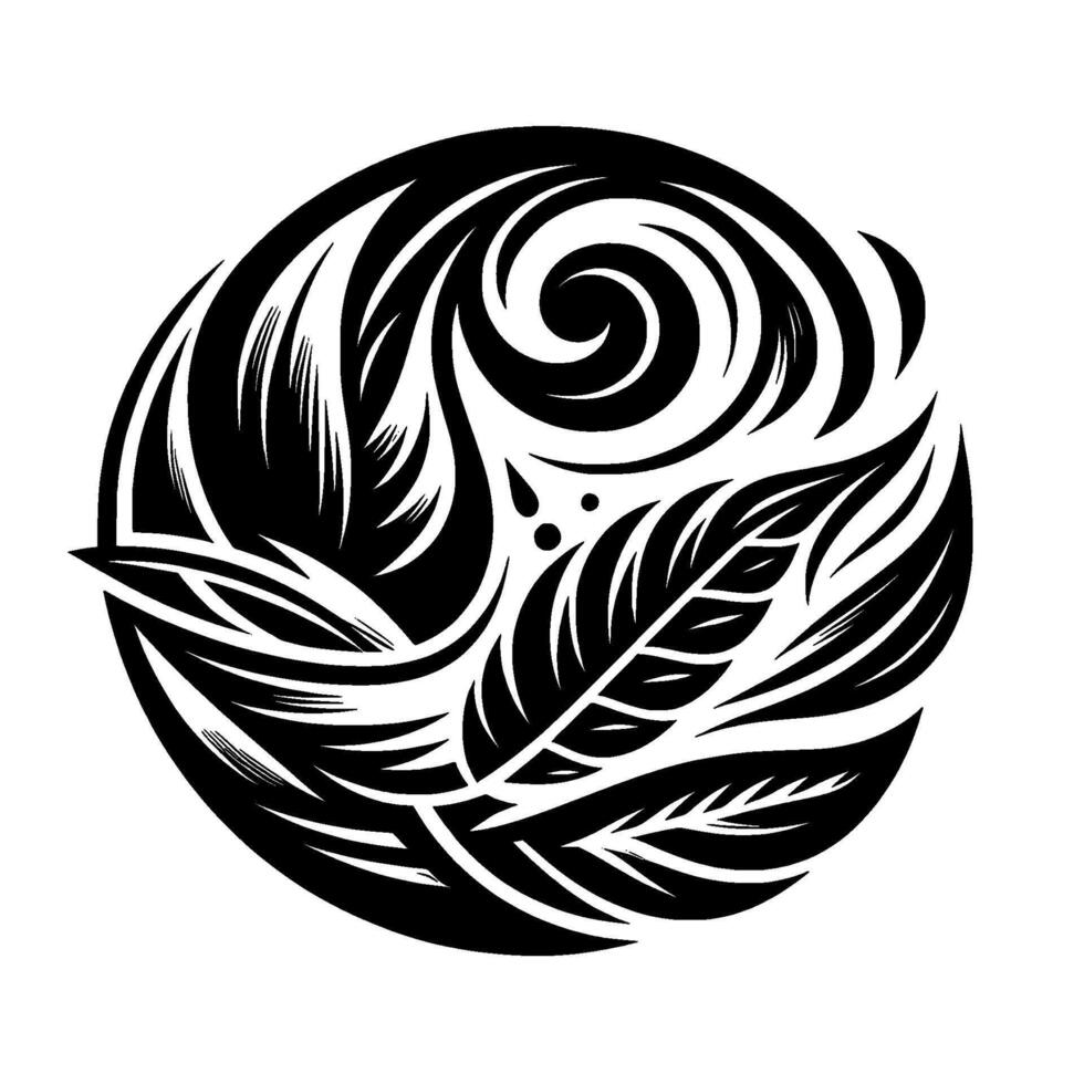 Intricate Black and White Circular Composition Flowing Waves, Feathered Leaves, and Swirls, Design, Tribal Art vector