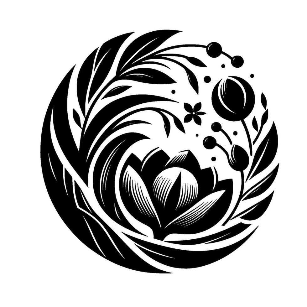 A stylized black and white floral emblem, featuring a central lotuslike blossom surrounded by symmetrical leaves, buds, and small floral accents, all contained within a circular frame. vector