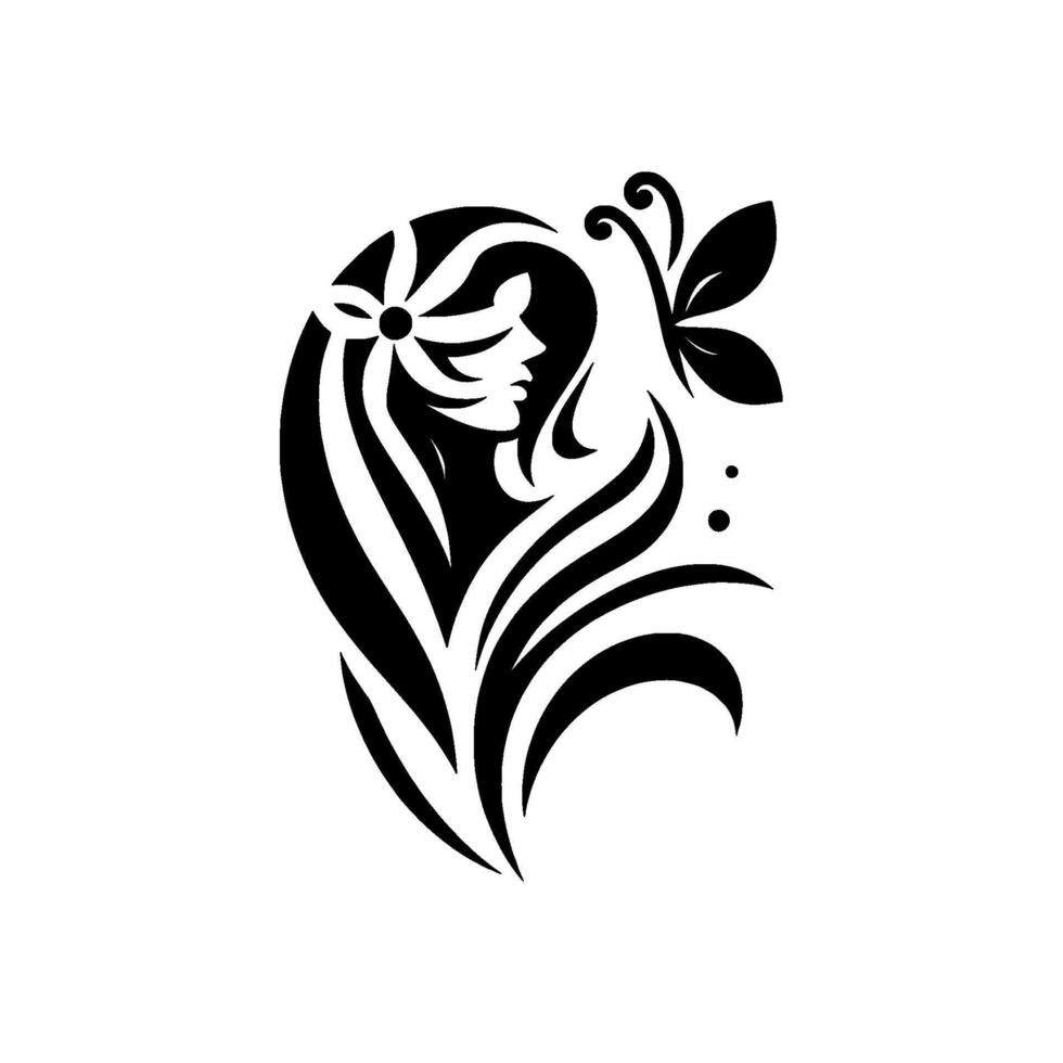 Elegant Black and White Minimalist Illustration A stylized womans profile with flowing hair, a flower accent, a butterfly, and flowing lines against a pure white backdrop. vector