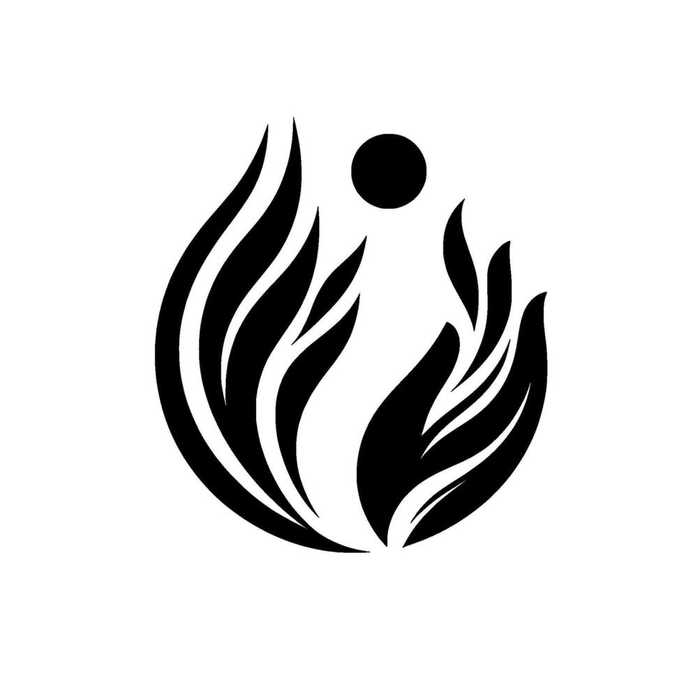 Abstract black and white featuring stylized hands cupping stylized flames or leaves, with a single floating black circle above. vector