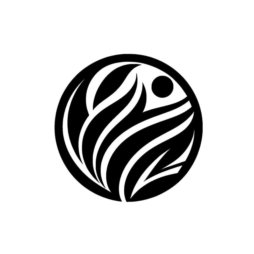 A stylized, symmetrical of a circle containing interwoven black and white organic shapes, possibly suggesting growth or nature, and a small black dot. vector