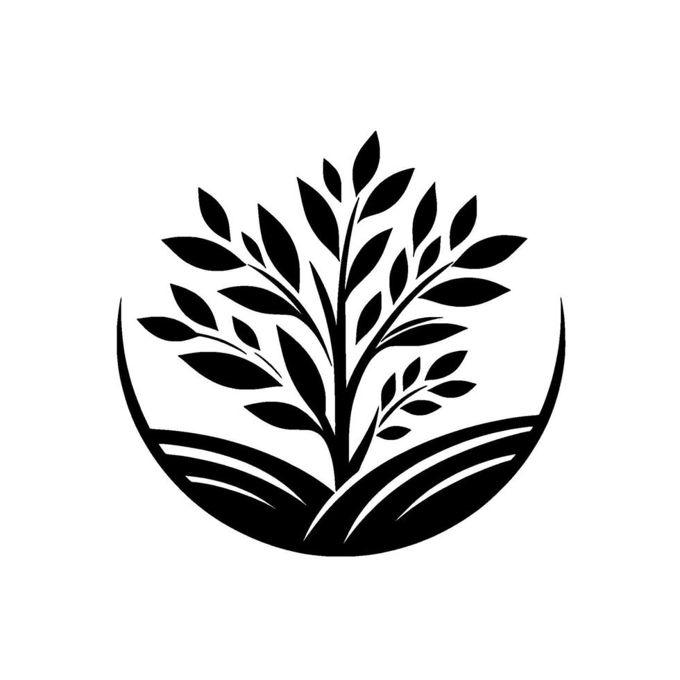 Symbolic Black and White Logo A stylized tree with lush foliage set within a curved frame, atop stylized rolling hills, evoking growth and nature. vector