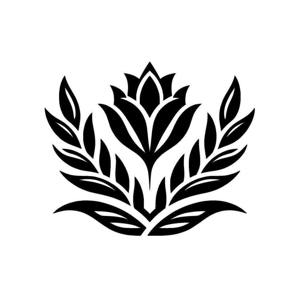 Symmetrical Black Floral with Delicate Leaf Accents on White Background, Resembling a stylized Emblem. vector
