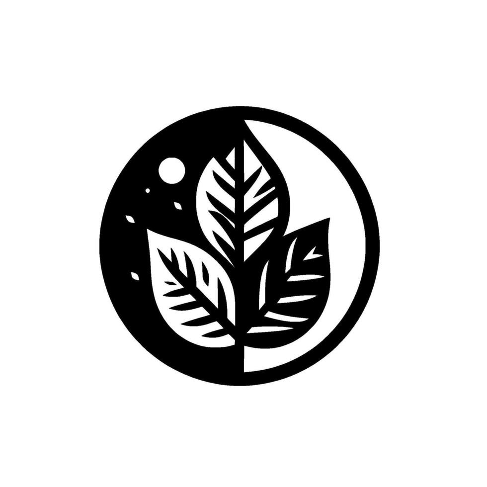 A stylized, symmetrical, black and white circular featuring three stylized leaves with intricate vein details, set against a contrasting black and white background, with a small moon and stars vector