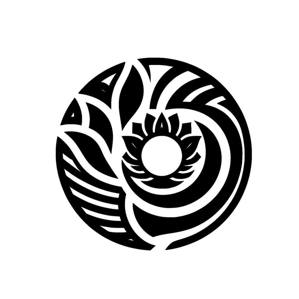Intricate Black and White Circular Featuring Floral Motif and Abstract, Flowing Shapes Against a Clean White Background. vector