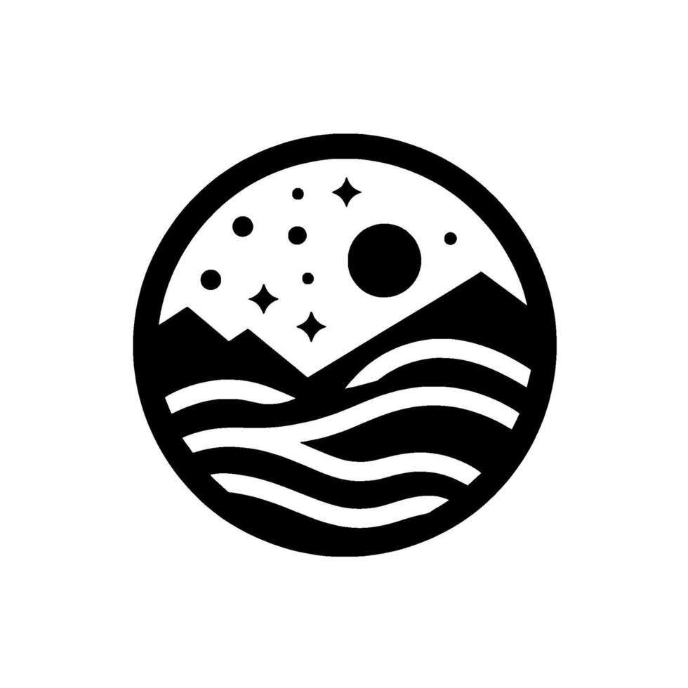 Minimalist Black and White Circular Logo Mountainscape with Moon, Stars, and Water. concept. vector