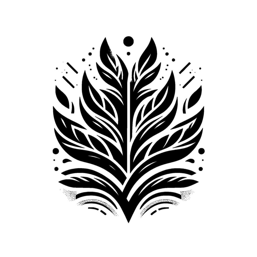 Symmetrical Black Leafy Design, Featuring Elegant Organic Shapes, Decorative Dots, Dotted Halftones on White Background. vector