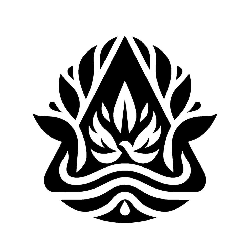 A stylized, symmetrical black and white emblem featuring a central triangle, surrounding foliage, a dove, and waterlike lines, conveying peace and nature. vector
