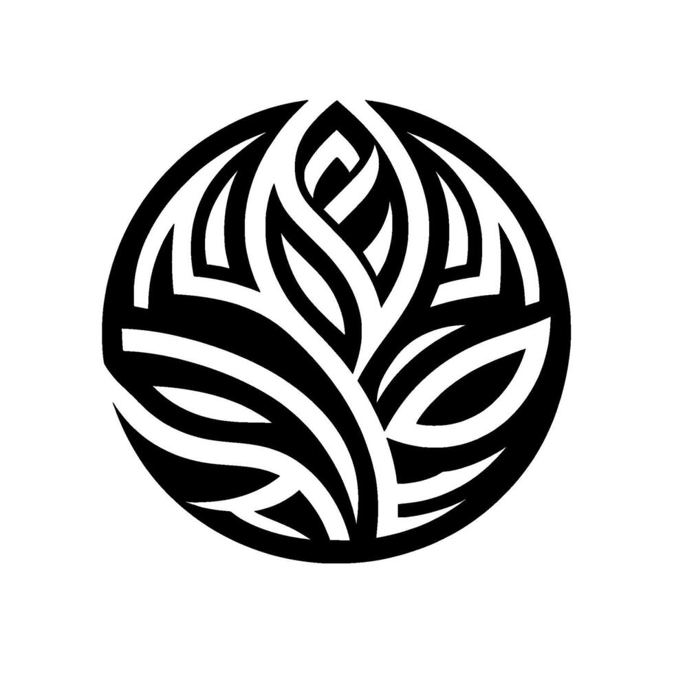 Symmetrical Black and White Circular Floral with Abstract, Intertwined Petallike Forms, Evoking Growth and Harmony, isolated on white. vector