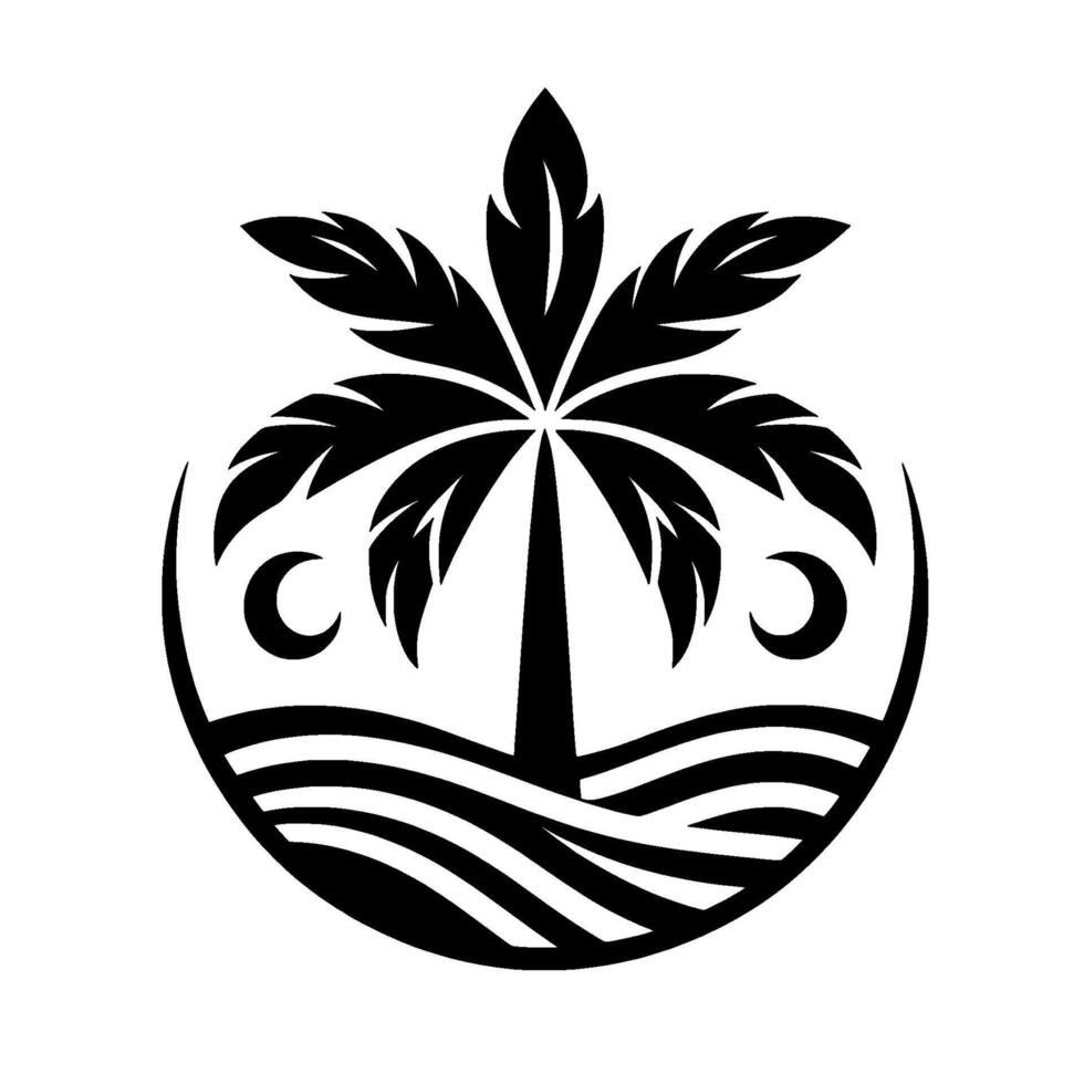 A stylized black and white emblem featuring a palm tree with crescent moons, waves, and an encompassing circle. vector