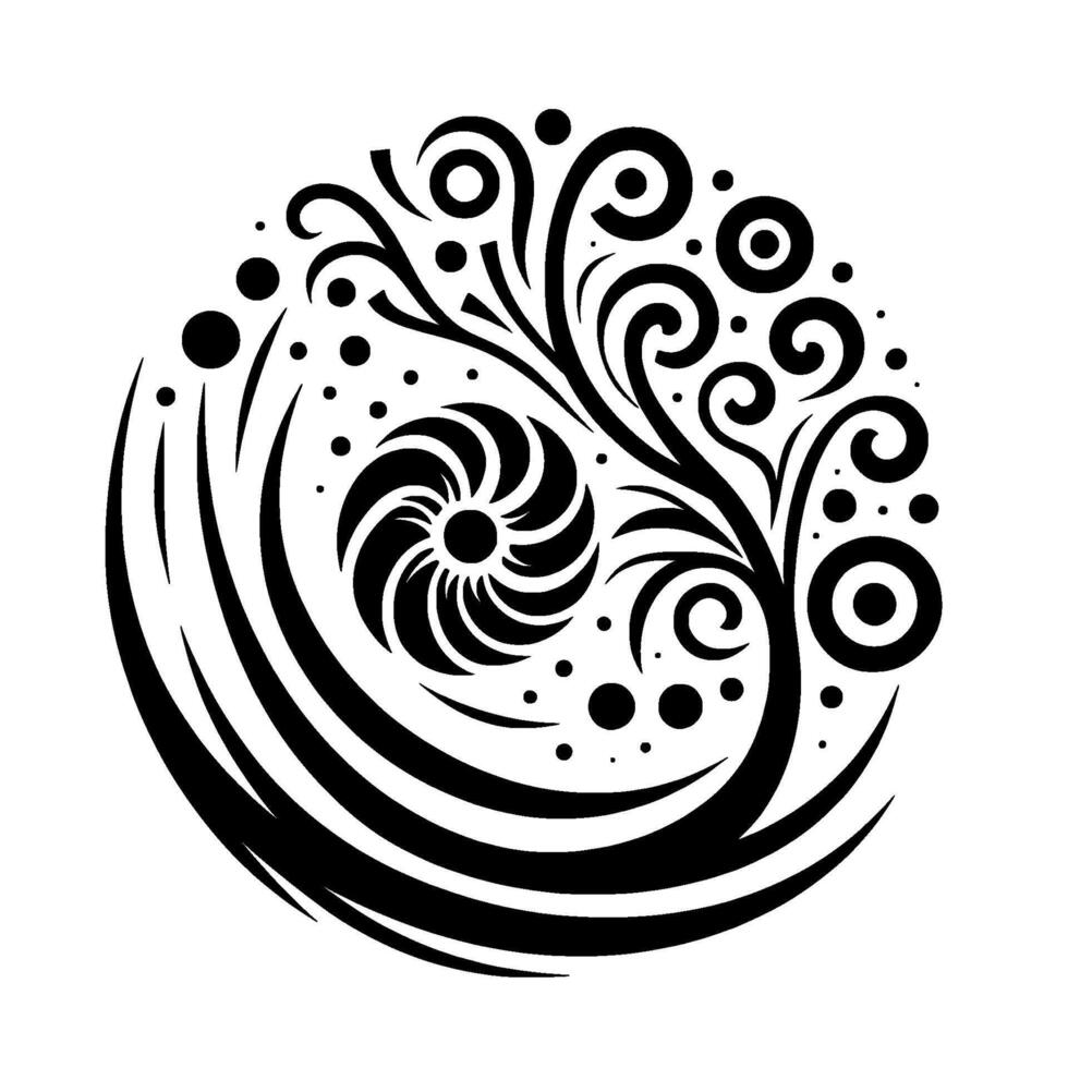 Intricate Black and White Circular Floral Featuring a Central Spiral and Branching Elements, Isolated. vector