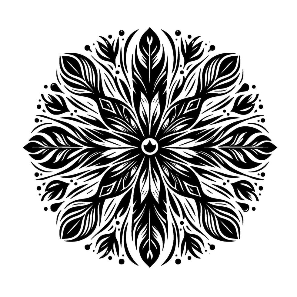 Intricate Black and White Mandala Design A Floral and FeatherInspired Artistic Composition, radiating symmetry and serenity. vector