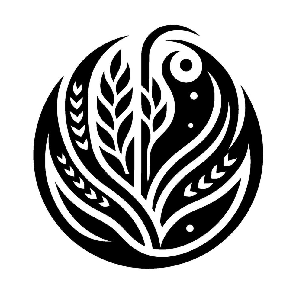 Symbolic Monochrome Design A circular composition featuring stylized wheat, leaves, and an eyelike element, rendered in a minimalist aesthetic against a white backdrop. vector