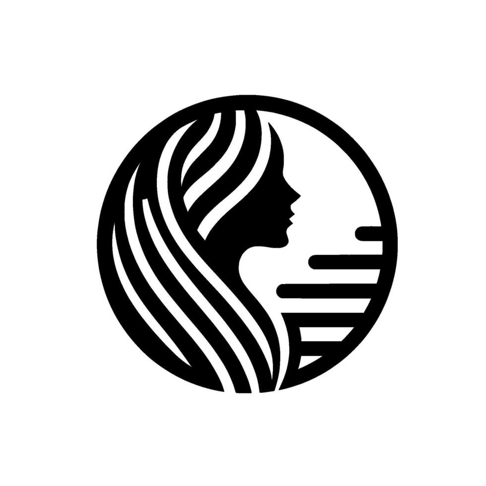 Minimalist black and white featuring a womans silhouette with flowing hair inside a circle, with horizontal bars. vector