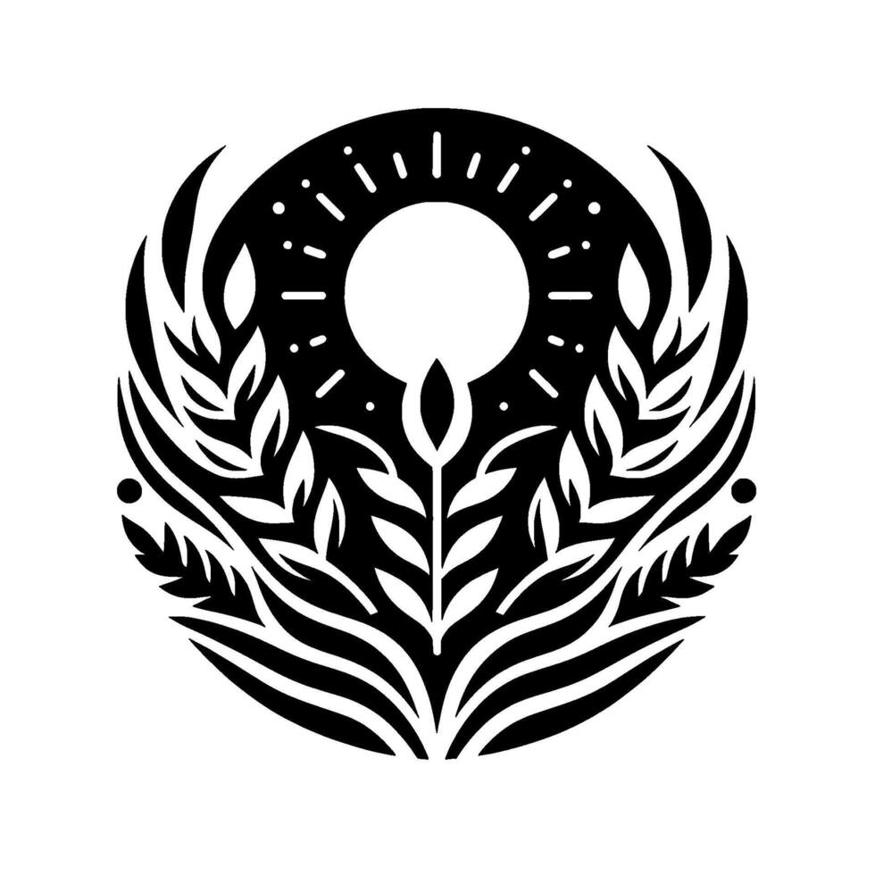 A symmetrical black and white featuring a central sunlike circle, surrounded by stylized wheat and leaves, representing growth and nature within a circular frame. vector