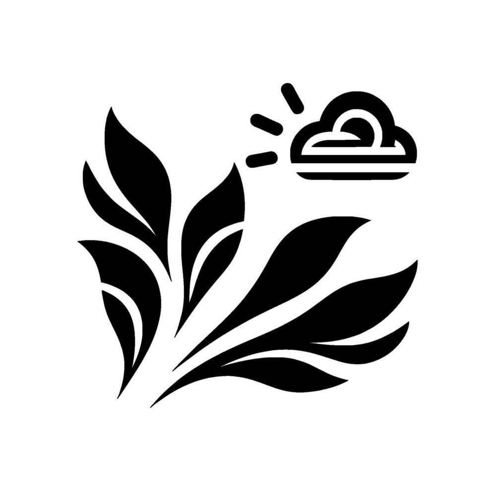 Stylized black and white featuring lush leaves and stylized sun peeking out from behind a cloud, all against a clean white backdrop. vector