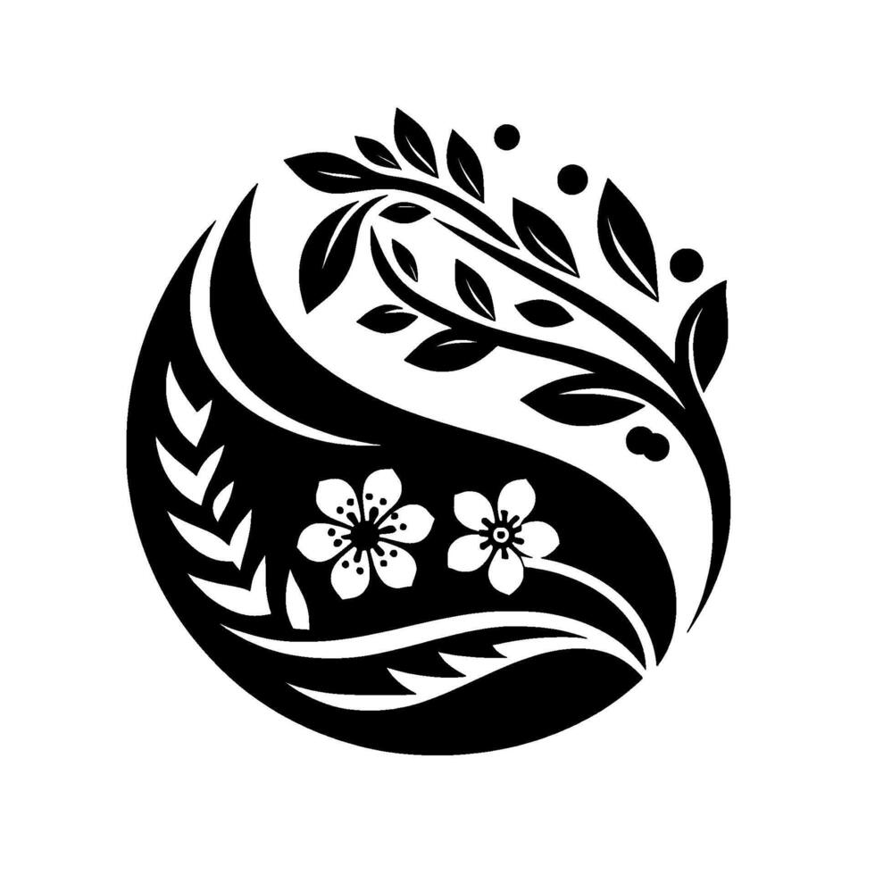 Elegant Yin Yang design, depicting blooming cherry blossoms intertwined with leafy branches, a minimalist and balanced composition in stark monochrome. vector