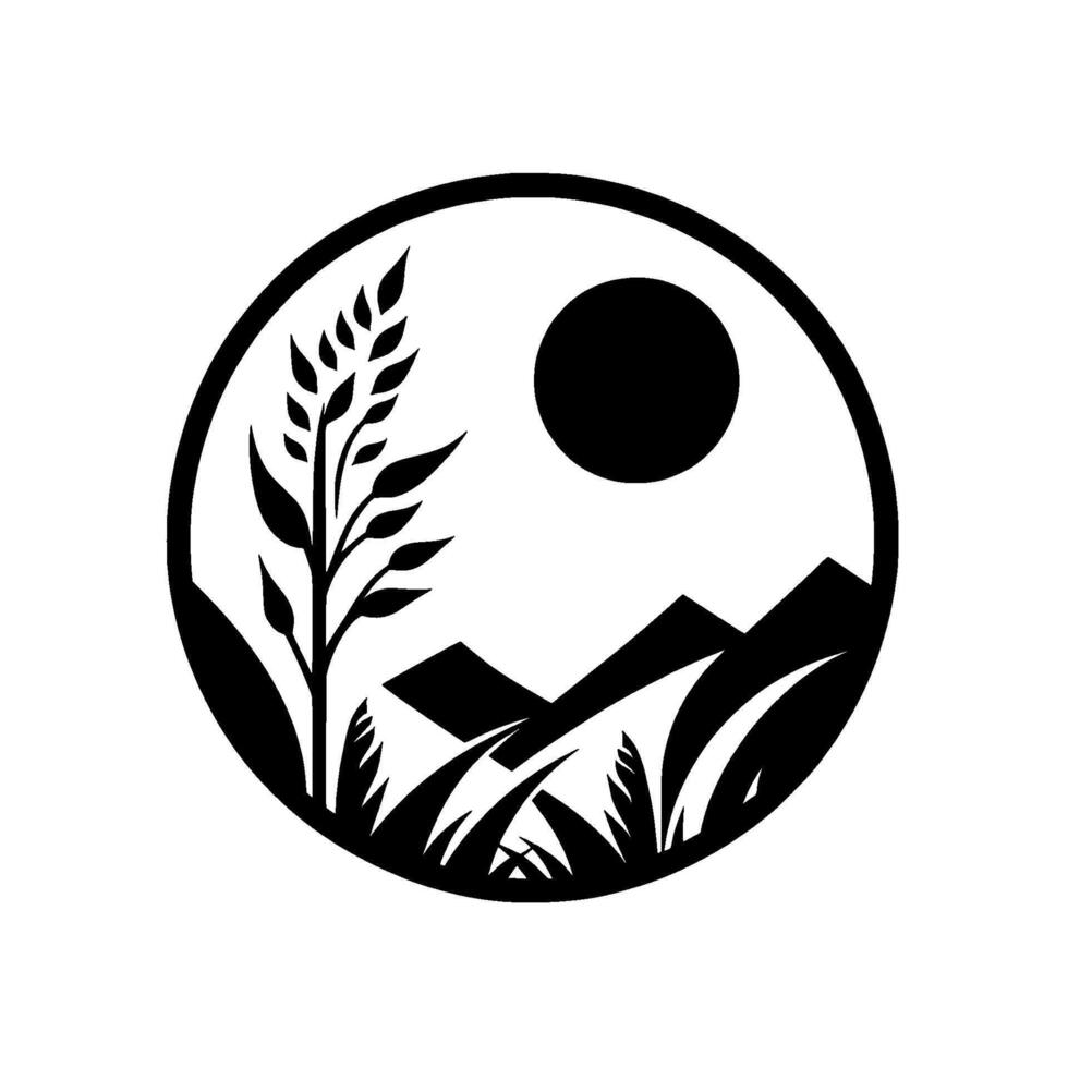 A stylized, black and white circular showcasing a landscape with mountains, a sun, foliage, and a central plant silhouette, set against a bright white background. vector