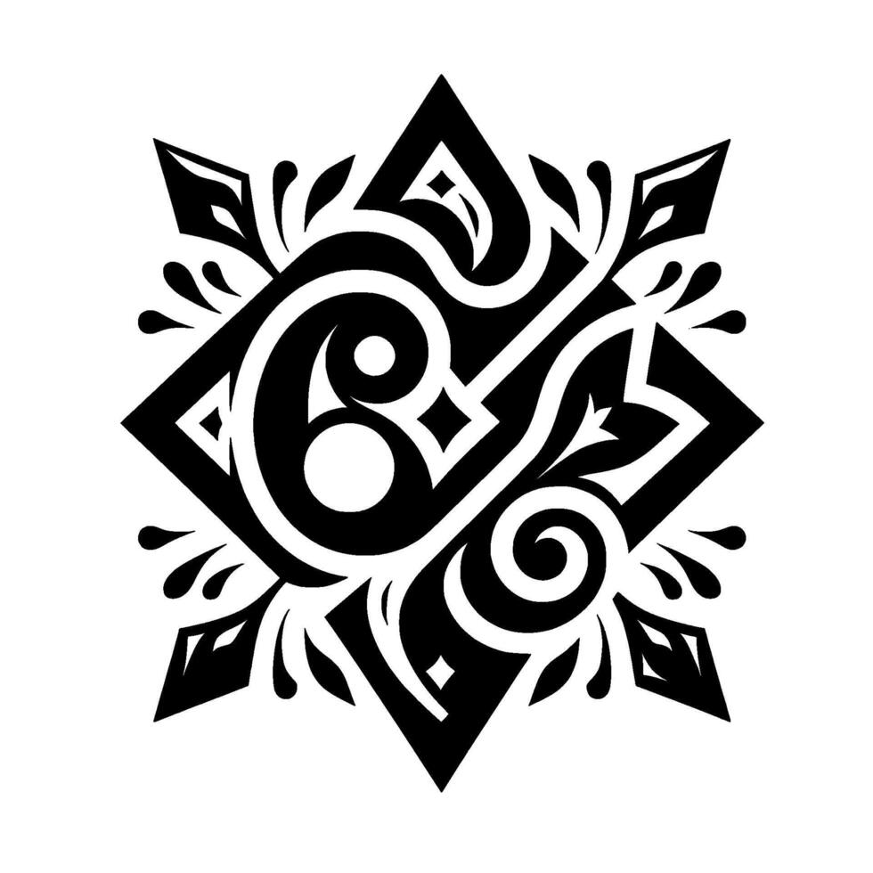 Symmetrical Black and White Decorative Graphic Abstract of Geometric Shapes, Swirls, and Ornate Floral Elements, CenterFocused Composition. vector