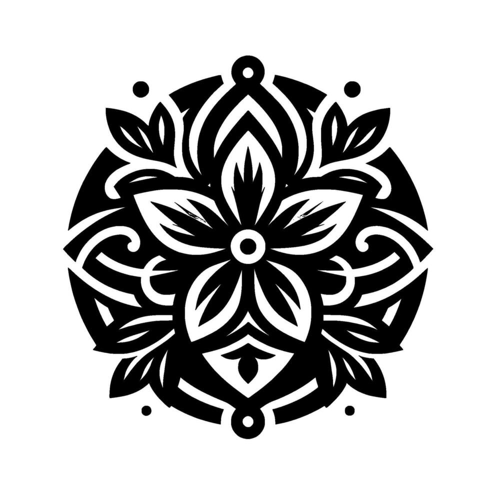 Bold Black and White Floral Mandala with Symmetrical Pattern, Geometric Shapes, and Decorative Elements on a White Background. vector