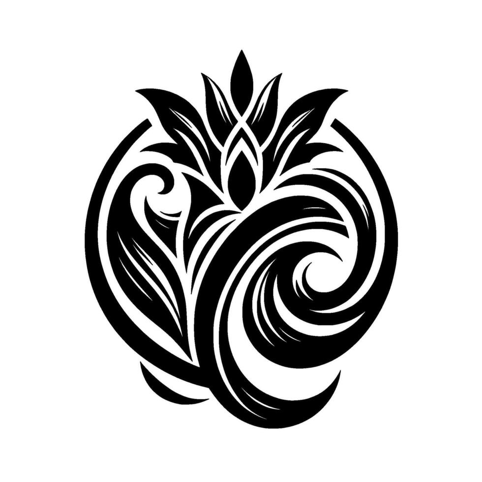 Intricate black and white floral design, a stylized botanical motif, swirls around a central bloom inside a circular frame, creating a balanced ornamental composition. vector