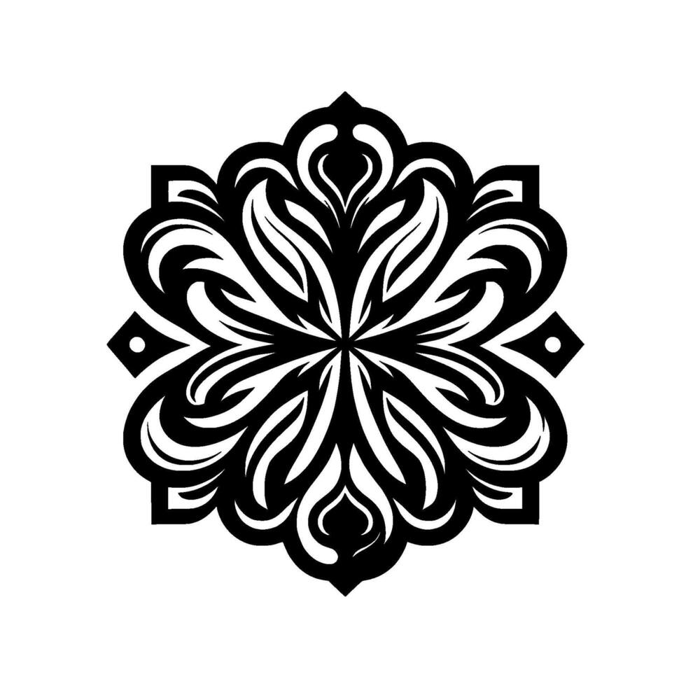 Intricate, symmetrical black and white floral mandala design, radiating outward from a central point, highlighting a delicate balance of form and negative space. vector