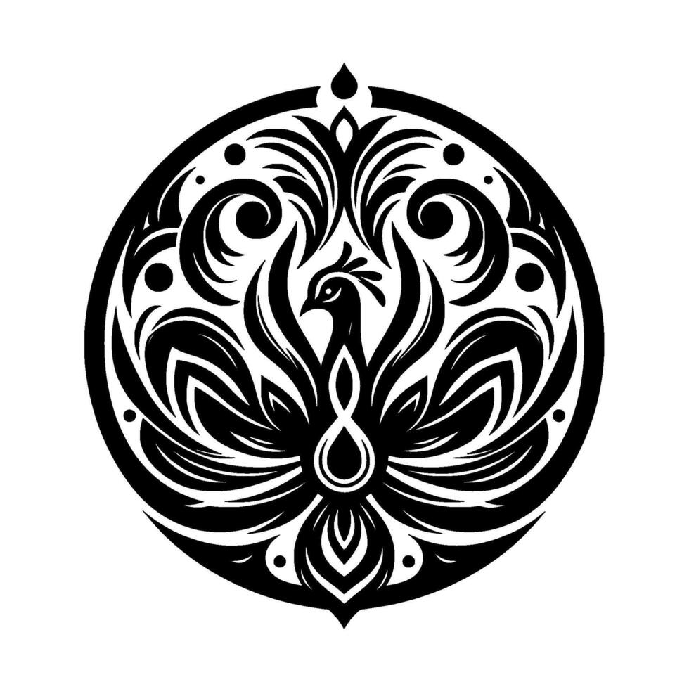 A symmetrical, elegant, black and white ornamental featuring a stylized phoenix within a circular frame, detailed with floral elements and dot accents. vector