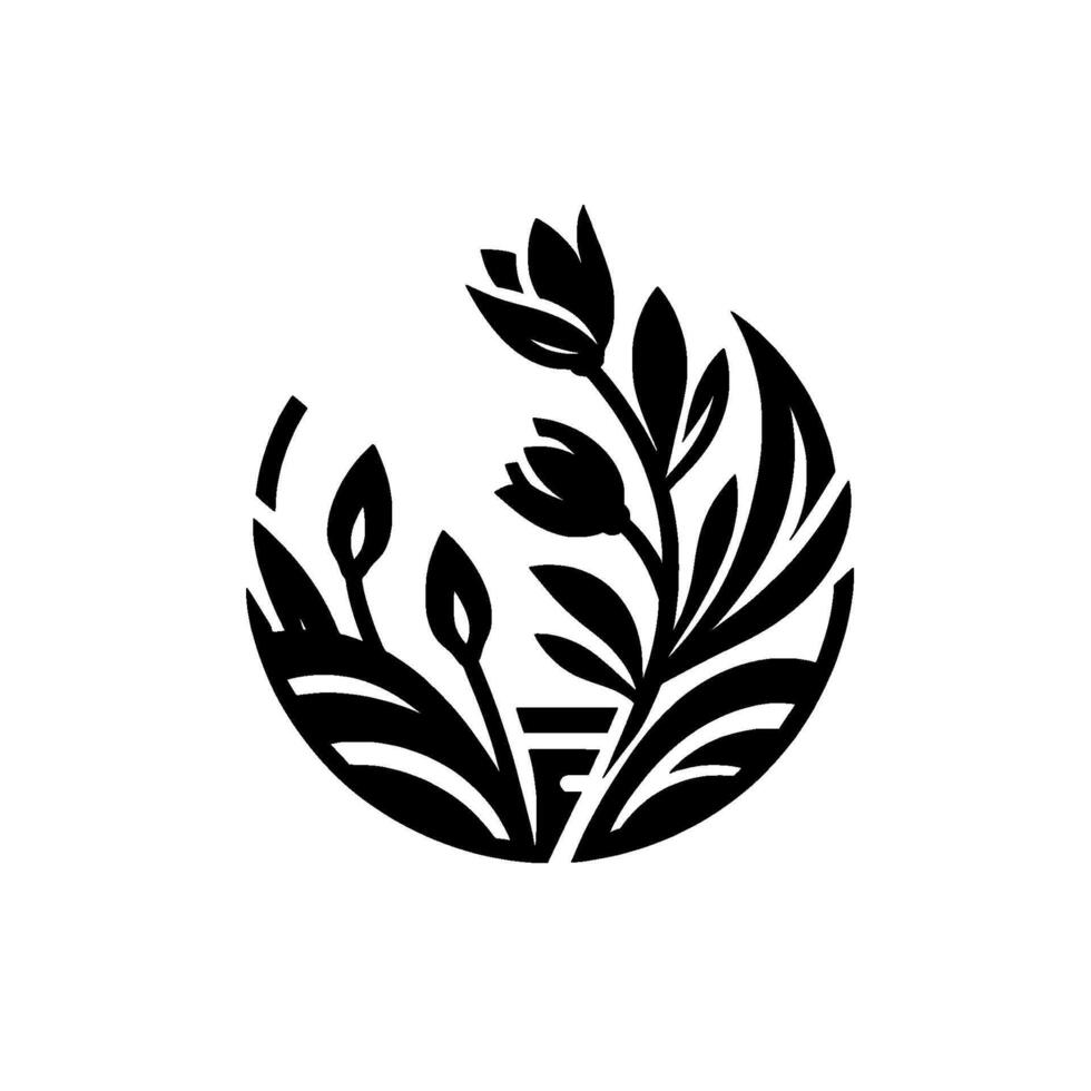 A stylized, minimalist, black and white floral illustration depicting a blossoming arrangement within a circular frame. vector