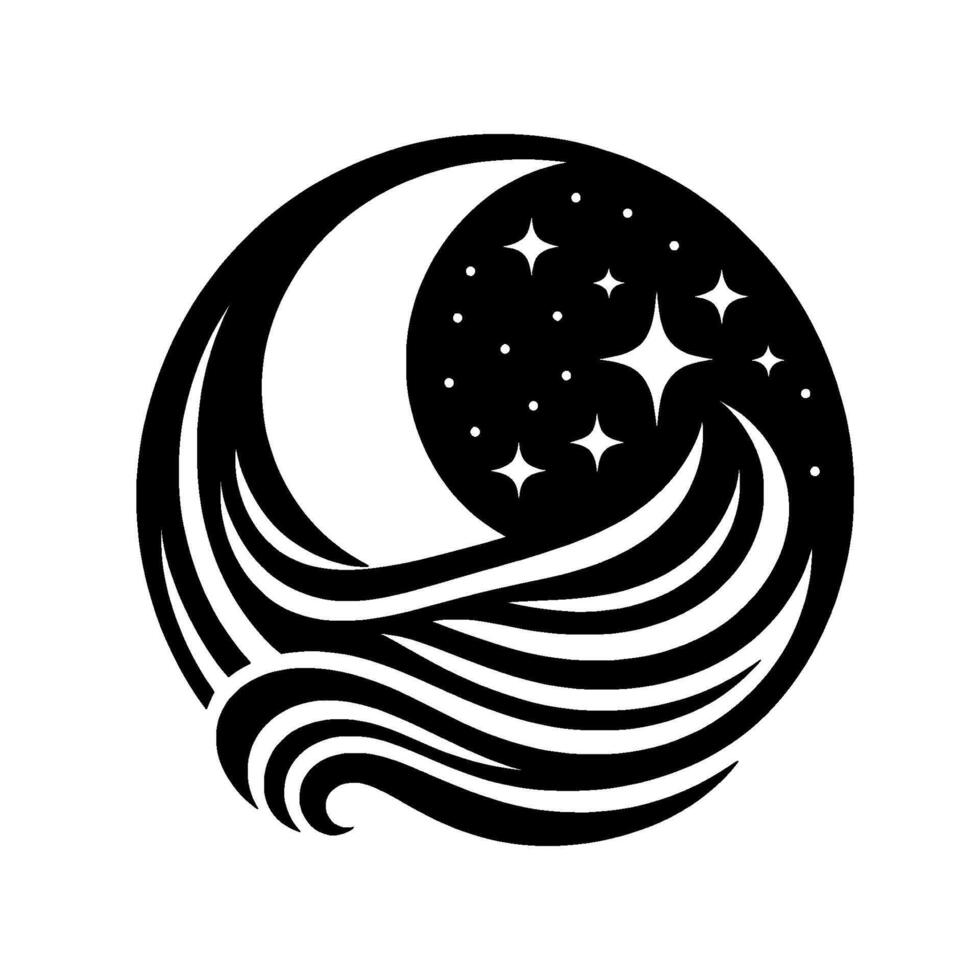 Black and White Cosmic Crest A Stylized Crescent Moon, Stars, and Flowing Waves Within a Circular Emblem. vector