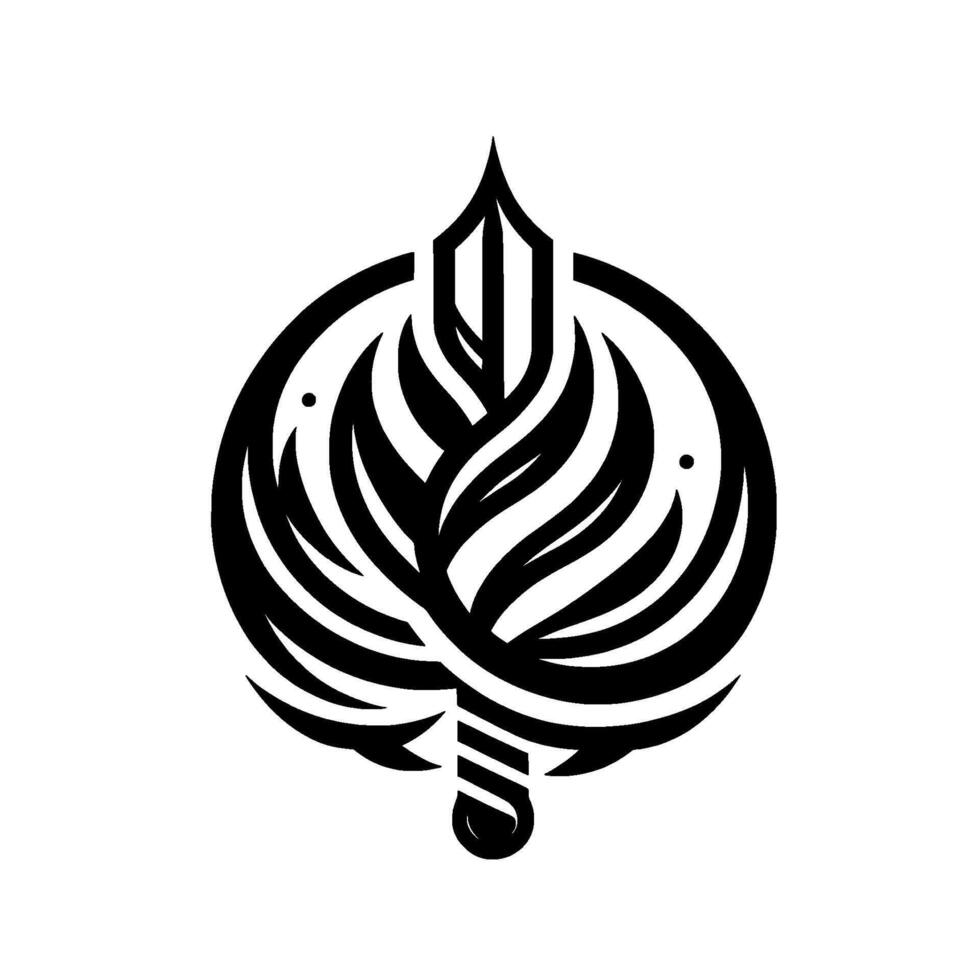 Intricate Emblem of a Sword Foliage A stylized, black and white illustration featuring a sword piercing a leaflike structure, set within a circular frame. vector