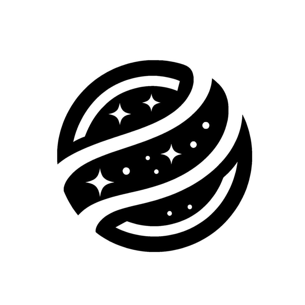 A minimalistic black and white depicts a stylized planetlike form with orbiting ribbons and sparkling stars, evoking a sense of wonder. vector