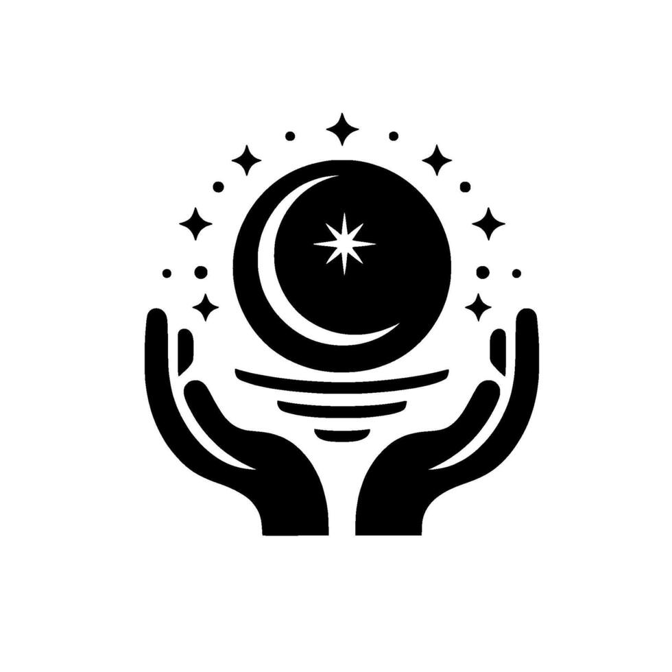 Symbolic Black and White Celestial Illustration Hands Cradle a Sphere with Moon, Star, and Constellation Accents. vector