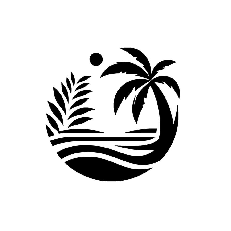 Minimalist Black and White Tropical Island Logo Palm Tree, Sea, and Sun in a Circular Design, Evoking Serenity and Paradise. vector