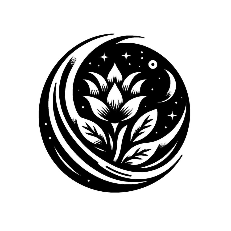 A stylized black and white illustration of a flower blooming amidst a crescent moon, stars, and cosmic dots, forming a circular, ethereal emblem. vector