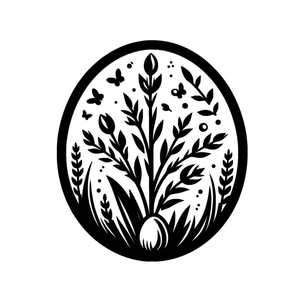 Black and white Easter egg with floral and butterfly motifs, evoking spring and nature. vector