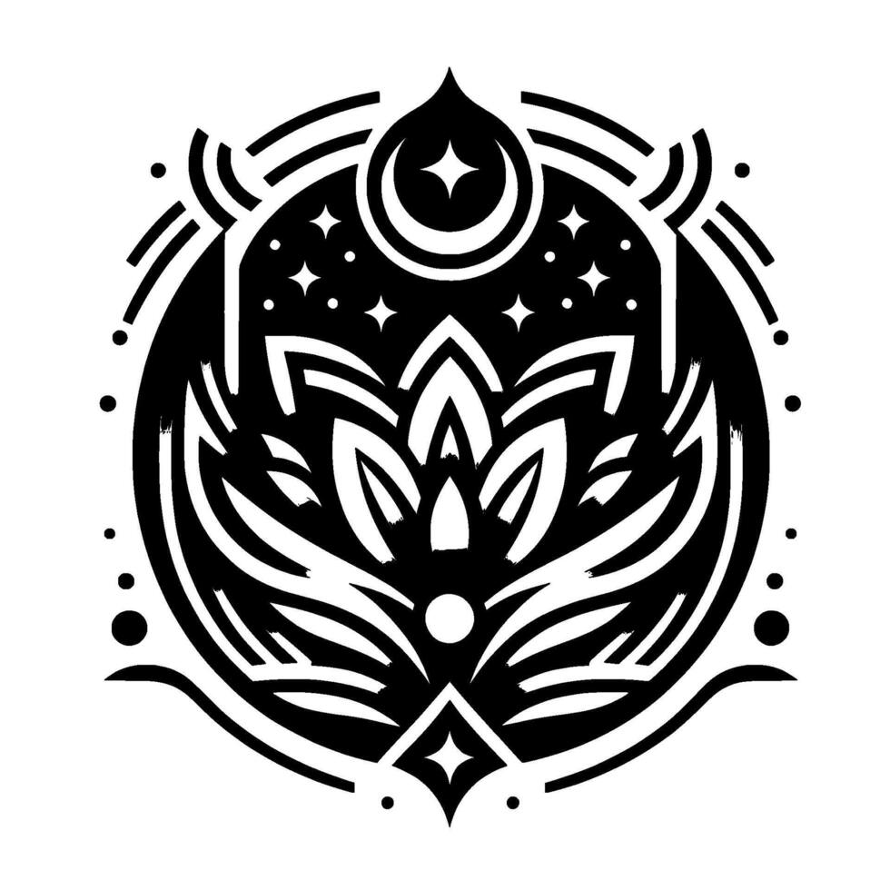 Celestial Lotus Mandala A Stylized Black and White Illustration Featuring a Floral Emblem within a Circle, with Stars, Crescent Moon and Geometric Elements. vector