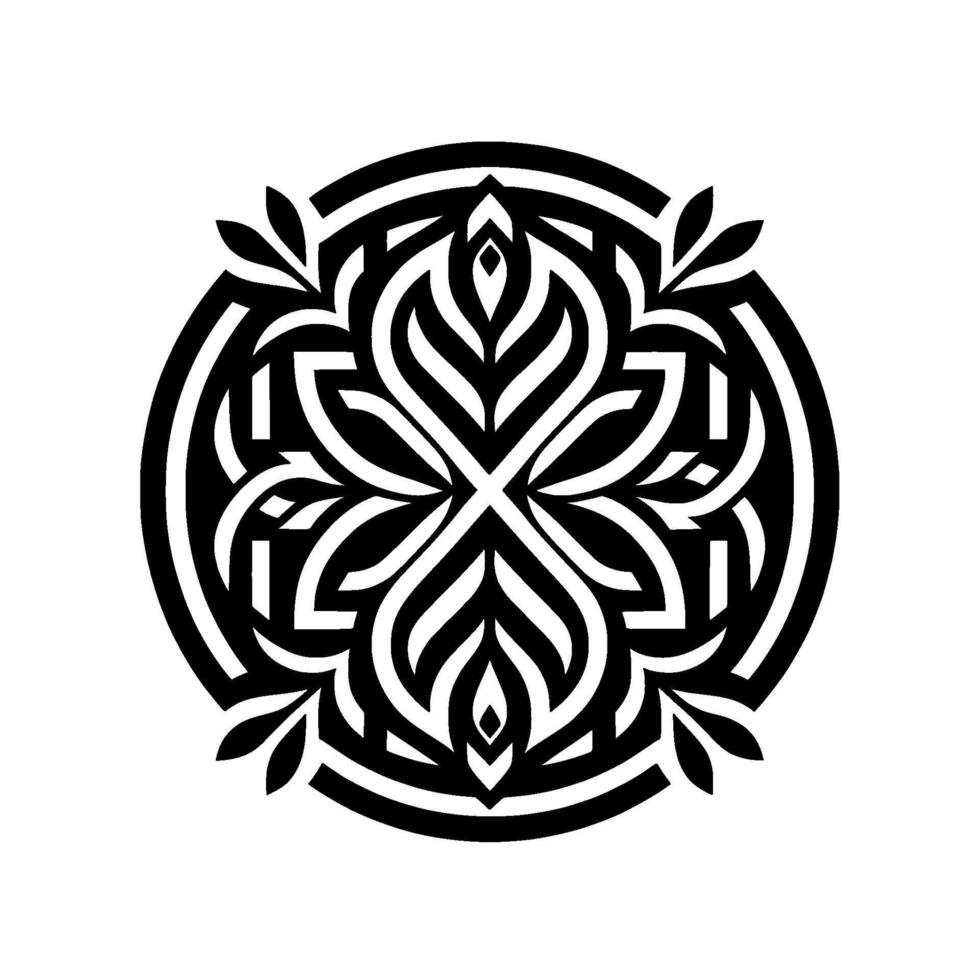 A symmetrical, black and white, ornate circular featuring floral and geometric elements, enclosed within concentric rings, evoking elegance. vector