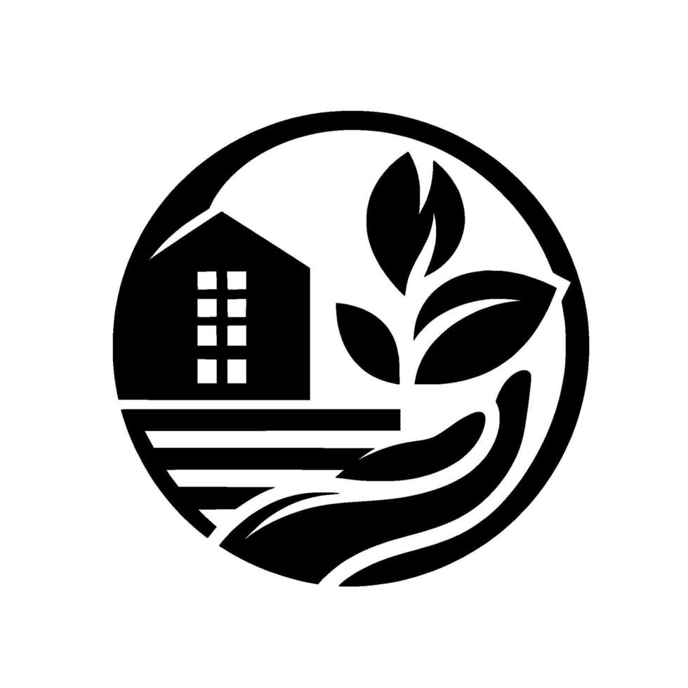 Minimalist Black and White Emblem House and Plant Symbolizing Sustainable Living, Enclosed in a Circle. vector