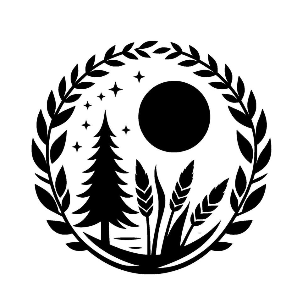 Monochrome circular illustration depicting a nighttime nature scene evergreen tree, full moon, wheat, stars, and a laurel wreath. vector