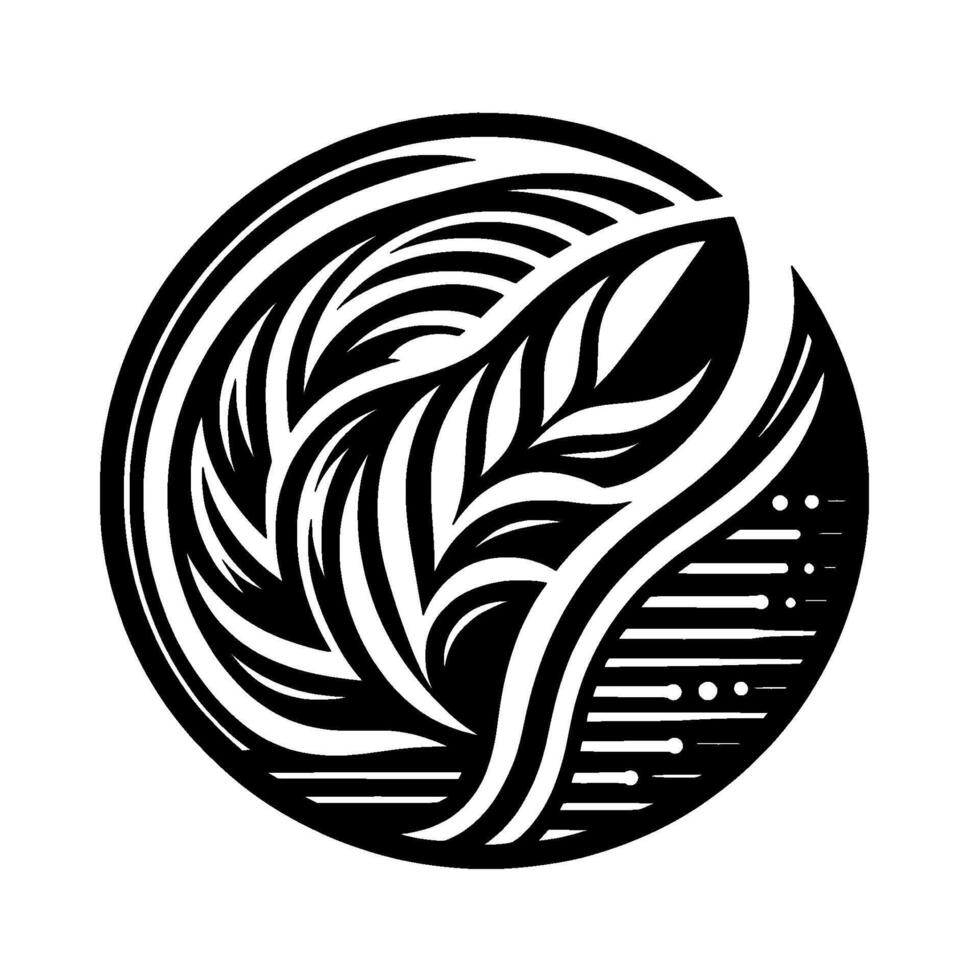 Abstract black and white of a stylized leaf with flowing lines and patterns, contained within a perfect circle. vector