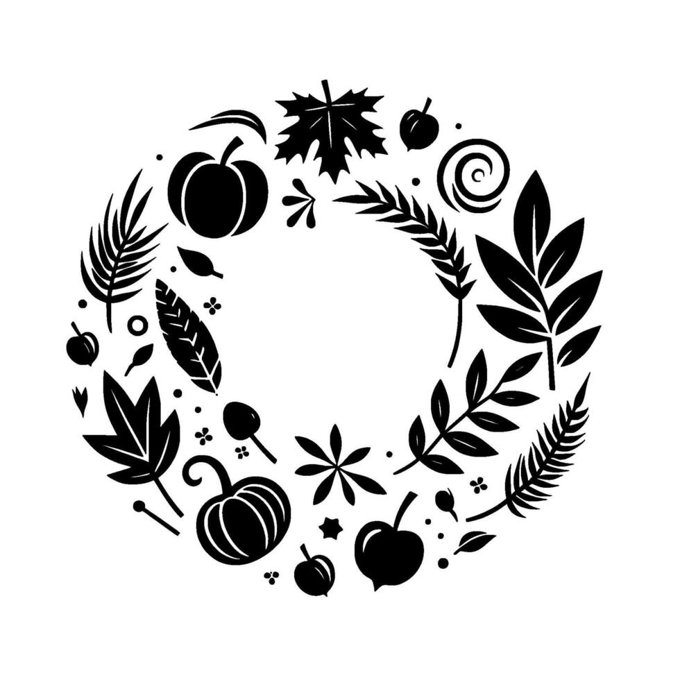 A minimalist black and white circular floral wreath with stylized leaves, pumpkins, berries, and botanical elements, evoking a sense of autumn harvest and seasonal beauty. vector