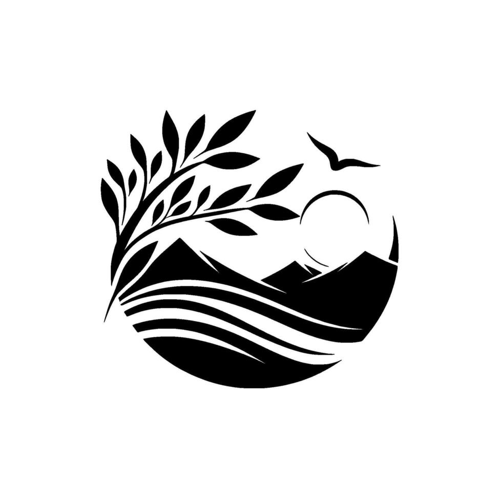 A serene black and white circular depicting a stylized landscape with a tree, mountains, sun, water, and a flying bird, conveying peace and natures beauty. vector
