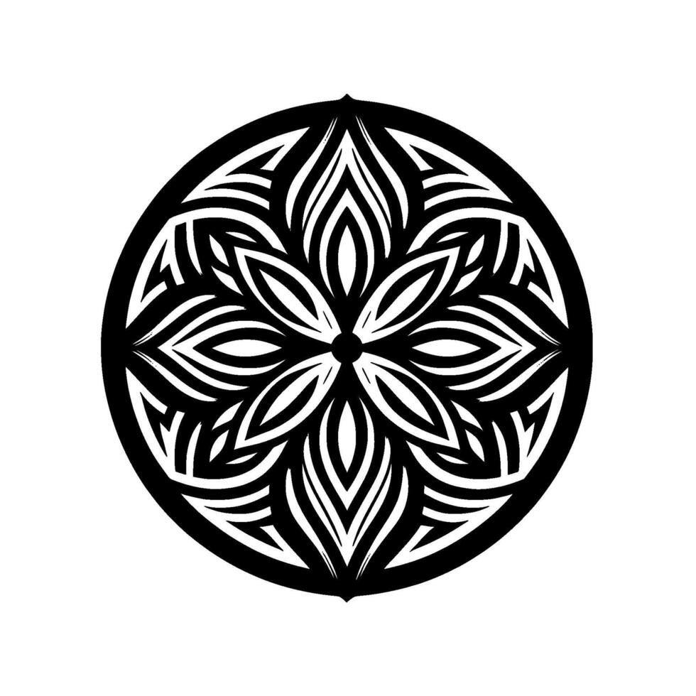 Symmetrical Black and White Floral Mandala Featuring Intricate PetalLike Patterns Within a Circular Frame, Evoking a Sense of Balance and Harmony. vector