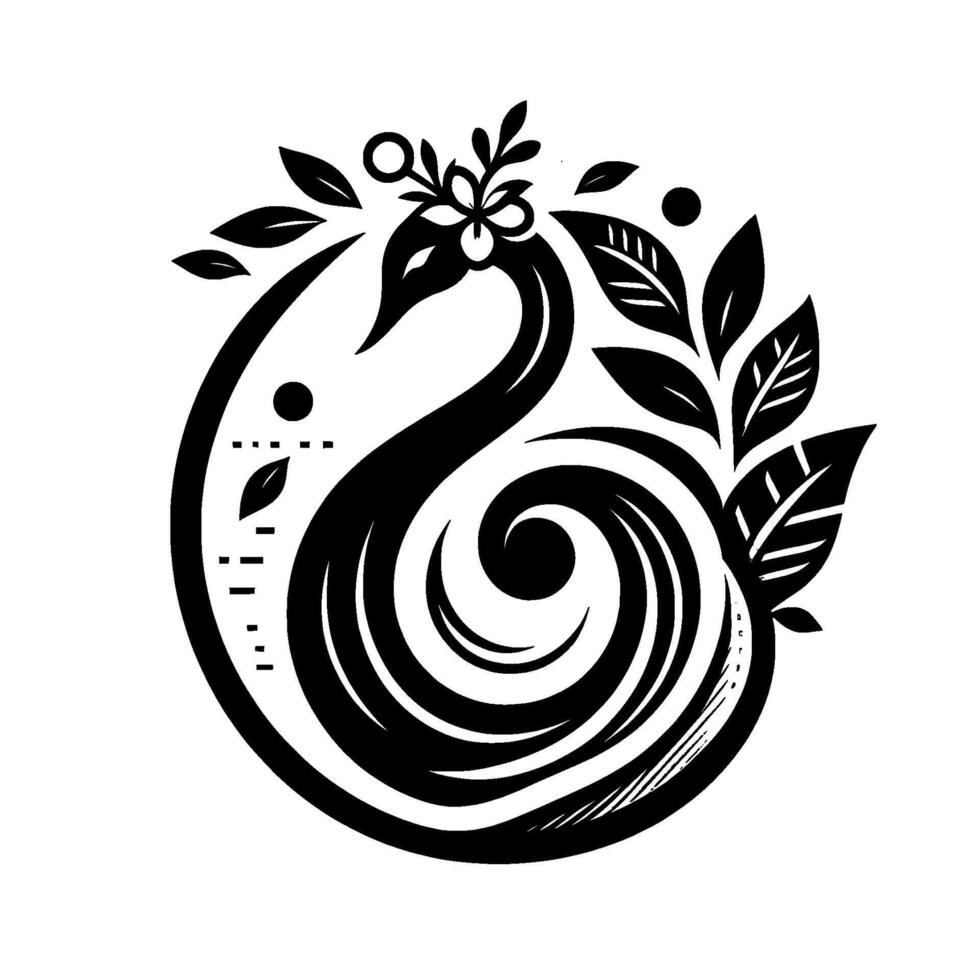 Elegant black and white illustration of a swan integrated within a circular botanical design, adorned with leaves and a floral crown. vector